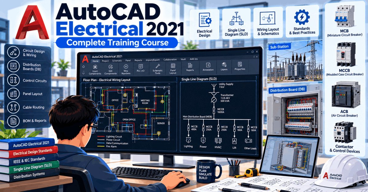 AutoCAD Electrical design course showing advanced electrical layouts and SLD diagrams