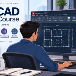 AutoCAD mastery course illustration showing drafting, layers, and advanced tools in AutoCAD workspace
