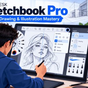 Student learning Autodesk Sketchbook Pro tools and sketching techniques on digital canvas