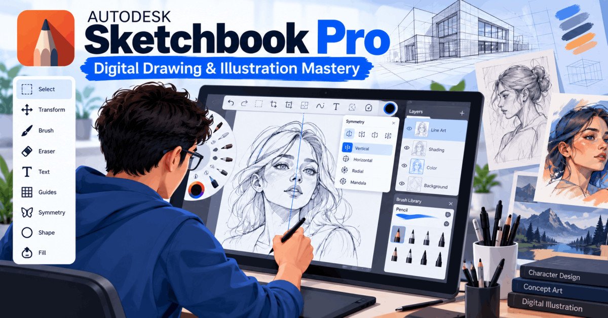 Student learning Autodesk Sketchbook Pro tools and sketching techniques on digital canvas