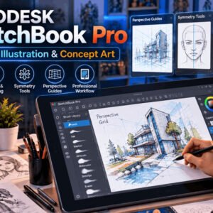 Student using Autodesk SketchBook Pro for professional digital sketching on tablet.