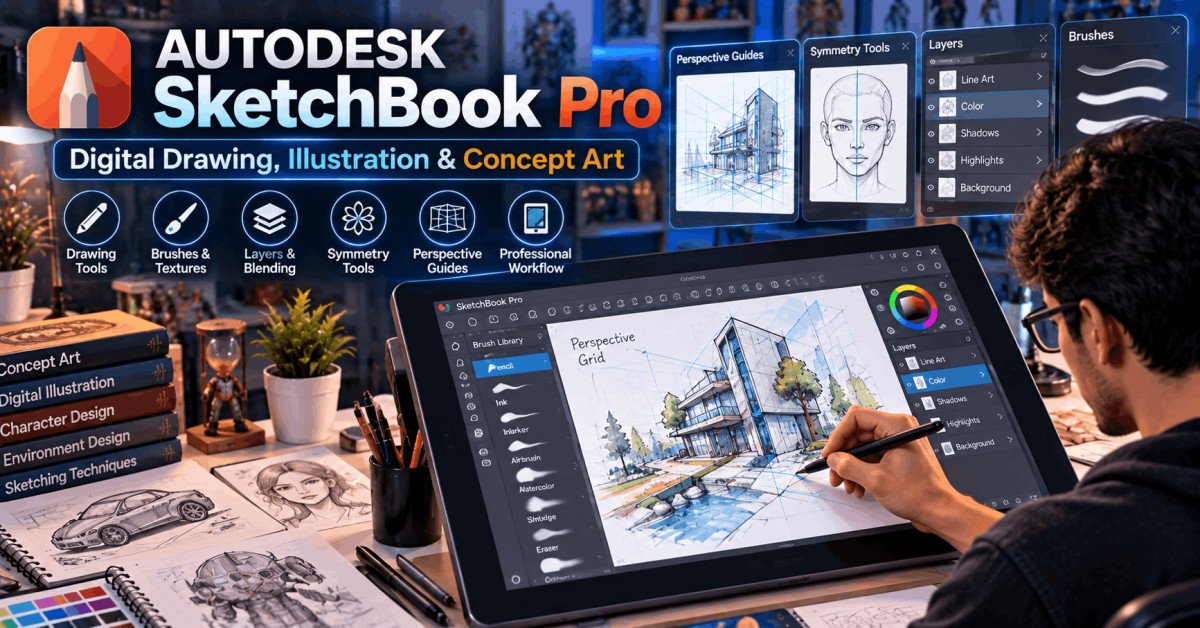 Student using Autodesk SketchBook Pro for professional digital sketching on tablet.