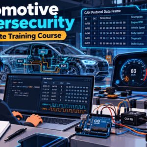 Illustration of automobile hacking security training on CAN protocol and vehicle communication with modern digital interface.
