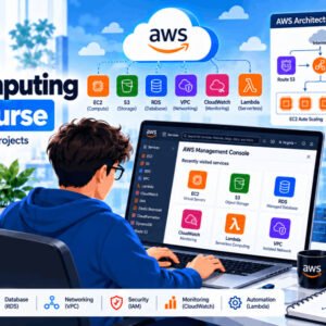 Student learning AWS cloud computing basics with AWS console and cloud architecture diagrams.