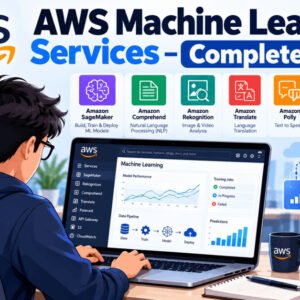 Student learning AWS machine learning services with AI tools, cloud icons, and ML model deployment interface.