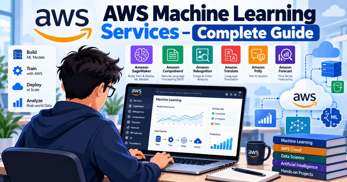 Student learning AWS machine learning services with AI tools, cloud icons, and ML model deployment interface.