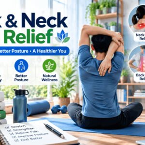 Illustration of natural back and neck pain relief with exercises, posture, and home therapies.