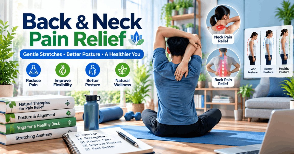 Illustration of natural back and neck pain relief with exercises, posture, and home therapies.