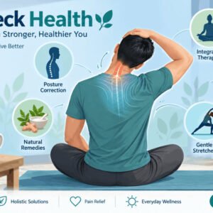 Illustration showing exercises and remedies for back and neck pain relief with DIY healing methods and posture care.