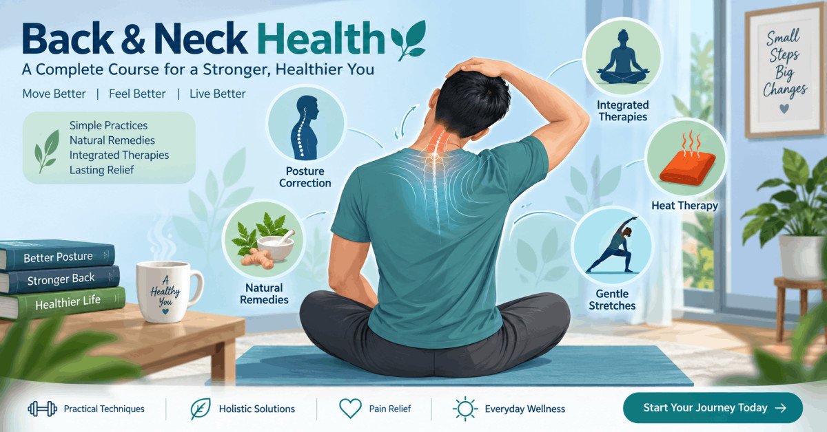 Illustration showing exercises and remedies for back and neck pain relief with DIY healing methods and posture care.