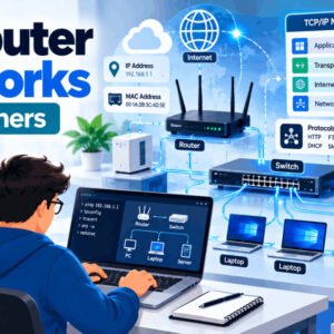 Illustration of beginner computer networks with devices, layers, and protocols explained step by step.