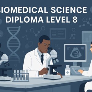 Biomedical science diploma Level 8 illustration showing lab research and clinical applications