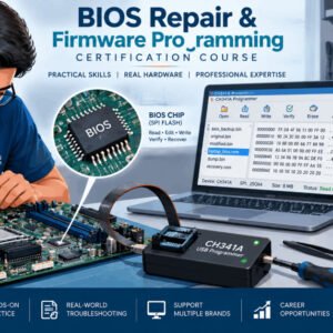Student learning BIOS chip programming and flashing using tools, circuits, and firmware software.