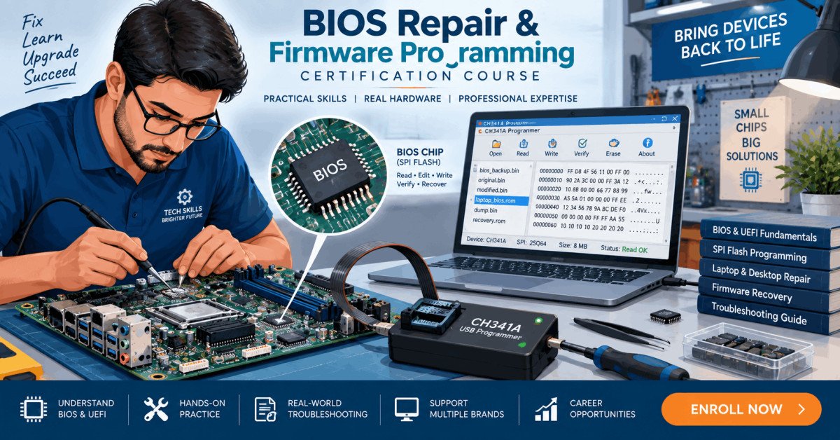 Student learning BIOS chip programming and flashing using tools, circuits, and firmware software.