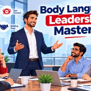 Illustration of leader using body language in communication, showing confidence and trust, body language leadership mastery