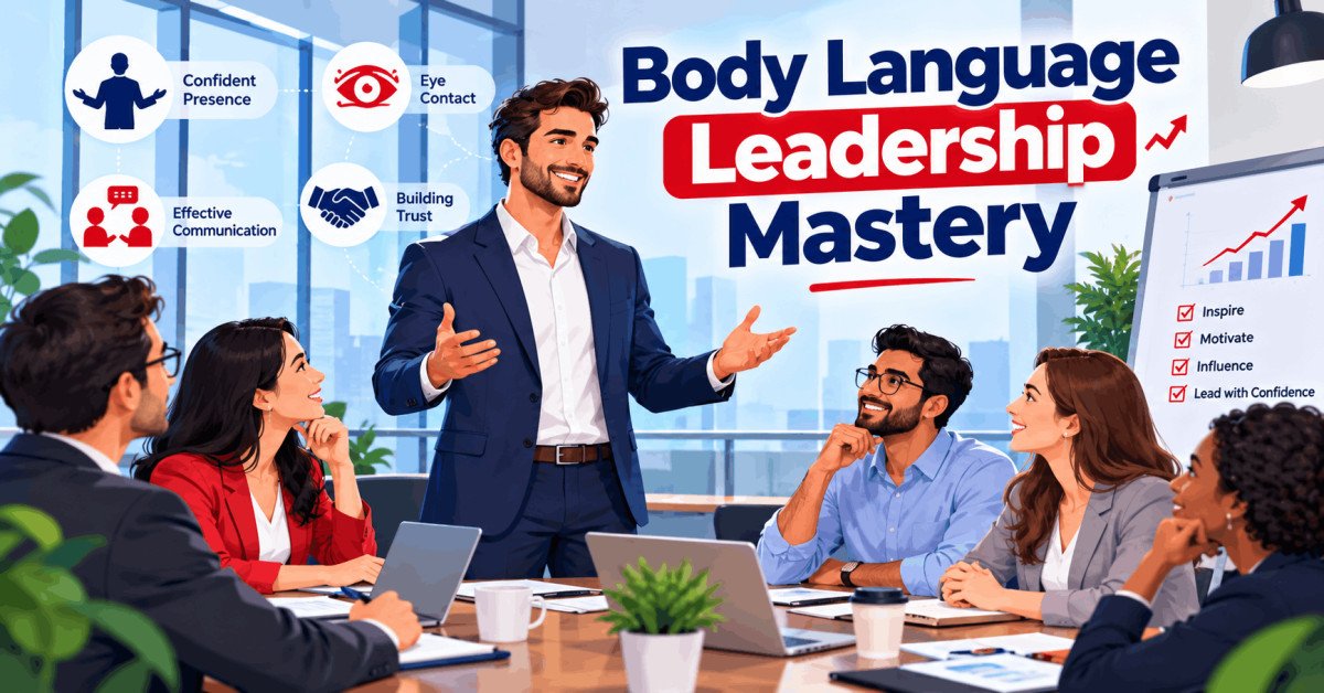 Illustration of leader using body language in communication, showing confidence and trust, body language leadership mastery