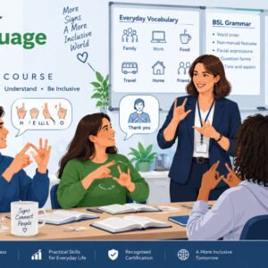 Students learning British Sign Language Level 2 through signing practice and communication exercises.