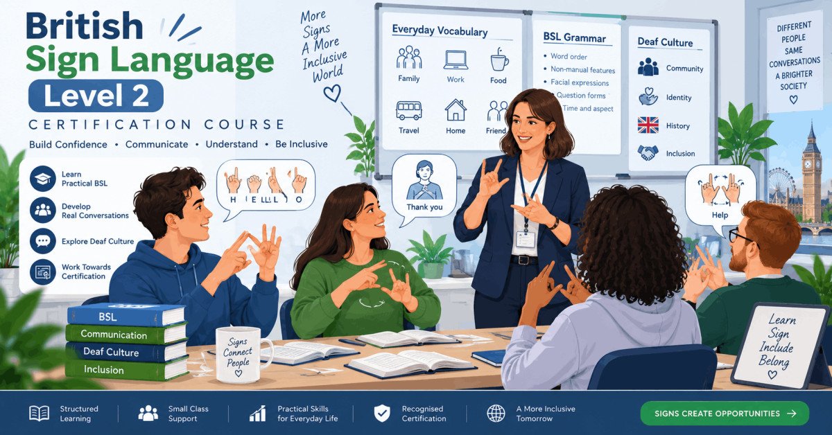 Students learning British Sign Language Level 2 through signing practice and communication exercises.