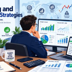 Illustration of budgeting and forecasting strategies for uncertain times with financial charts and planning tools.