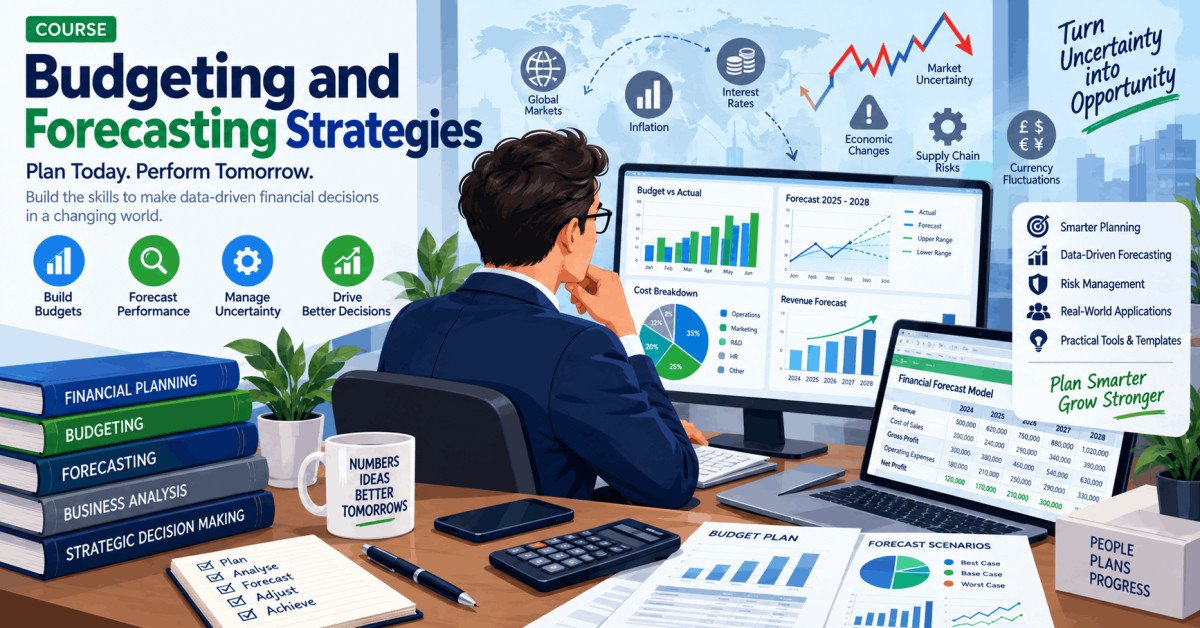 Illustration of budgeting and forecasting strategies for uncertain times with financial charts and planning tools.
