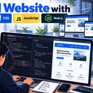 Build website with HTML CSS JavaScript Node.js, coding workspace with laptop, code editor, and design preview