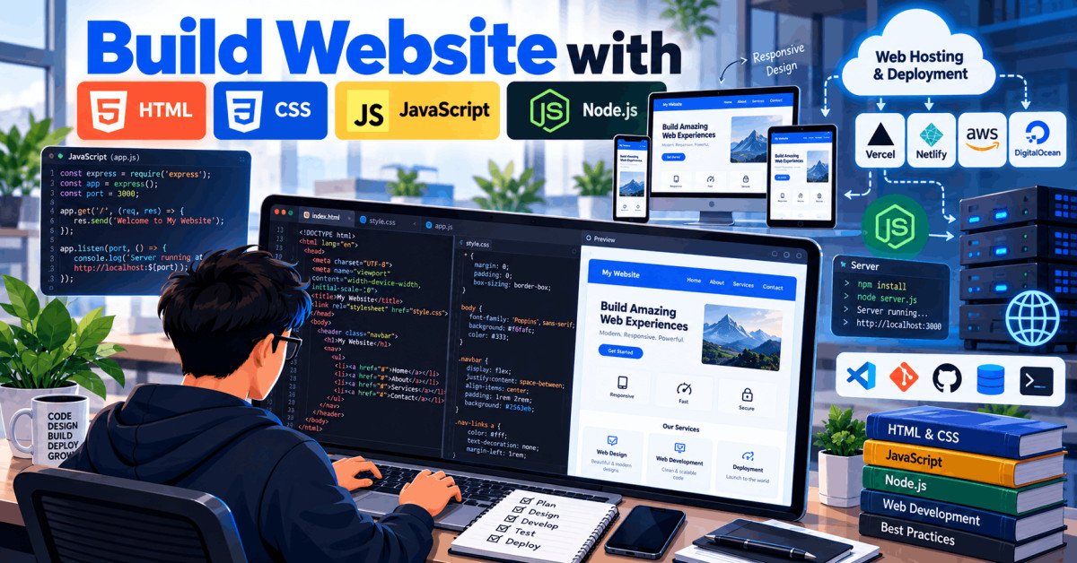 Build website with HTML CSS JavaScript Node.js, coding workspace with laptop, code editor, and design preview