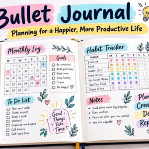 Bullet journaling masterclass cover showing journal, planner, and creative page designs