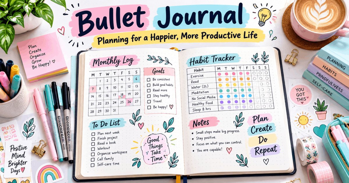Bullet journaling masterclass cover showing journal, planner, and creative page designs