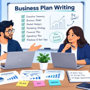 Illustration of business plan writing process for startups with key steps and templates