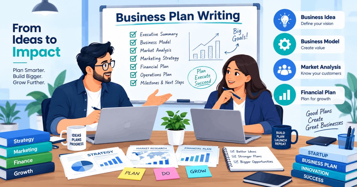 Illustration of business plan writing process for startups with key steps and templates