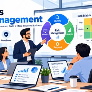 Illustration of business risk management process with lifecycle, analysis, and response strategies.