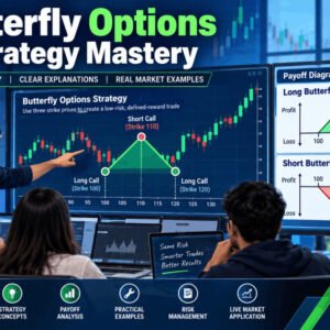 Illustration of traders analyzing butterfly options strategy charts with call and put spreads.