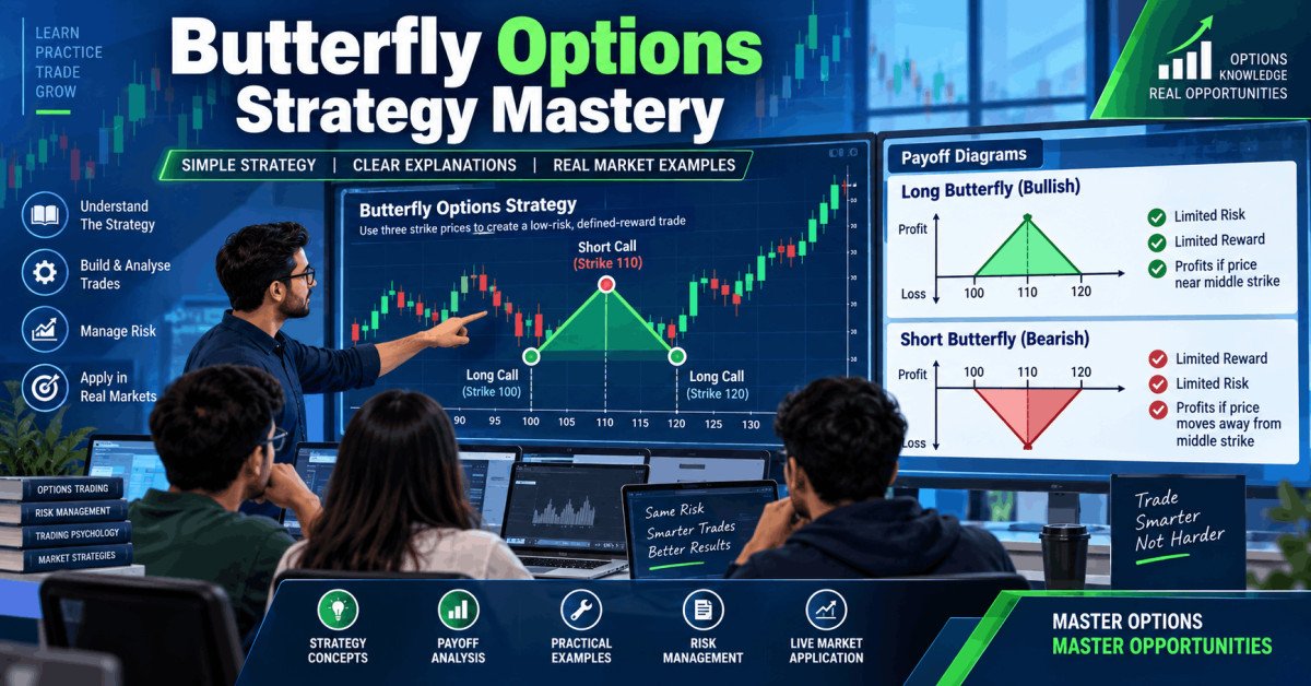 Illustration of traders analyzing butterfly options strategy charts with call and put spreads.
