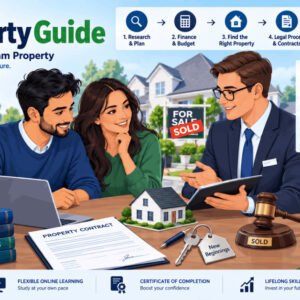 Illustration of a buyer reviewing a property guide, showing auctions, contracts, and keys with buy property guide theme.