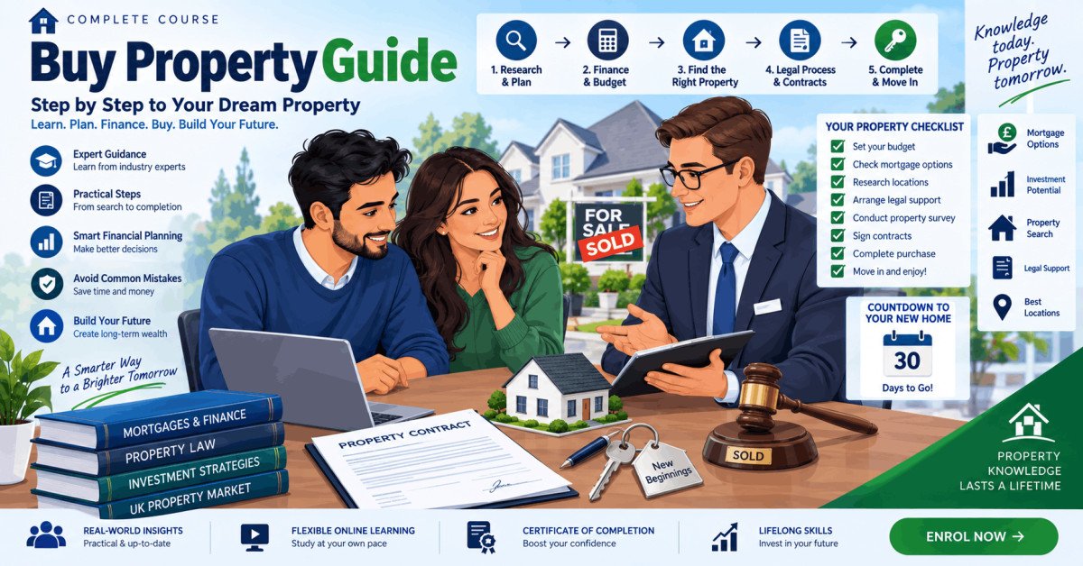 Illustration of a buyer reviewing a property guide, showing auctions, contracts, and keys with buy property guide theme.