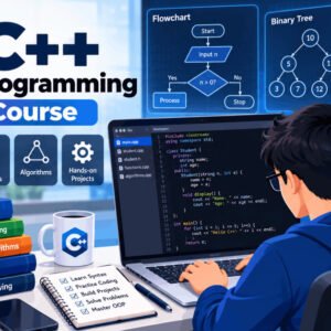 Illustration of C++ programming course covering coding, OOP, and algorithms from beginner to advanced.