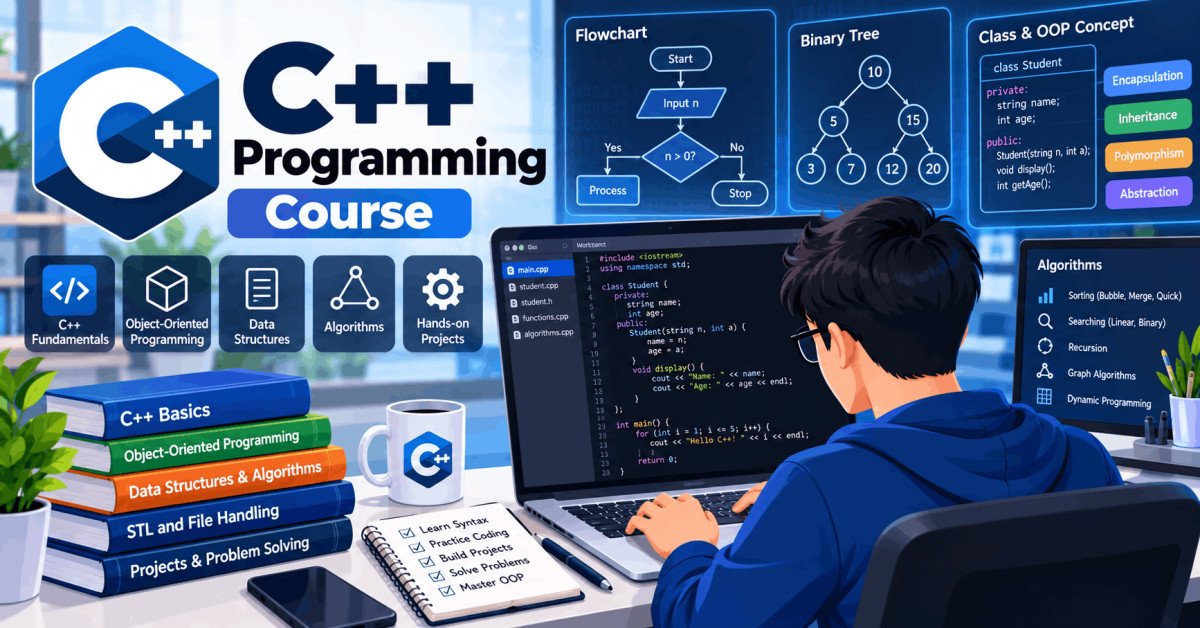 Illustration of C++ programming course covering coding, OOP, and algorithms from beginner to advanced.