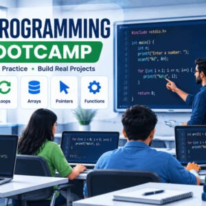 Illustration of coding workspace with C programming bootcamp theme showing students learning loops, functions, and pointers.