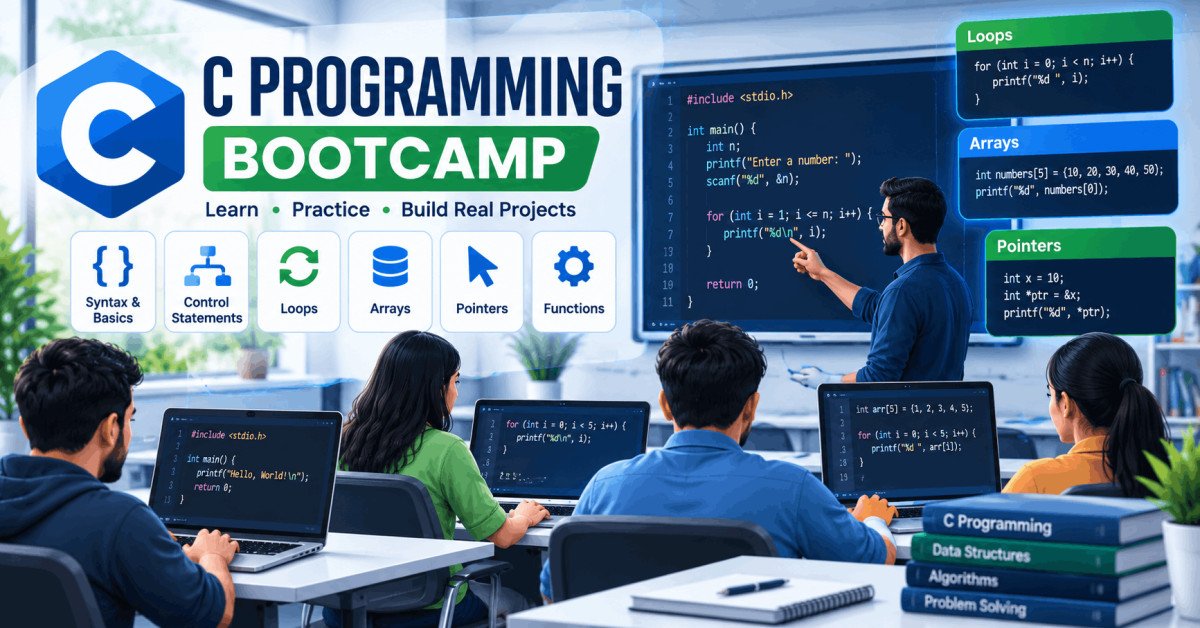 Illustration of coding workspace with C programming bootcamp theme showing students learning loops, functions, and pointers.