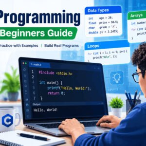 Student learning C programming step by step with coding examples and practice challenges.