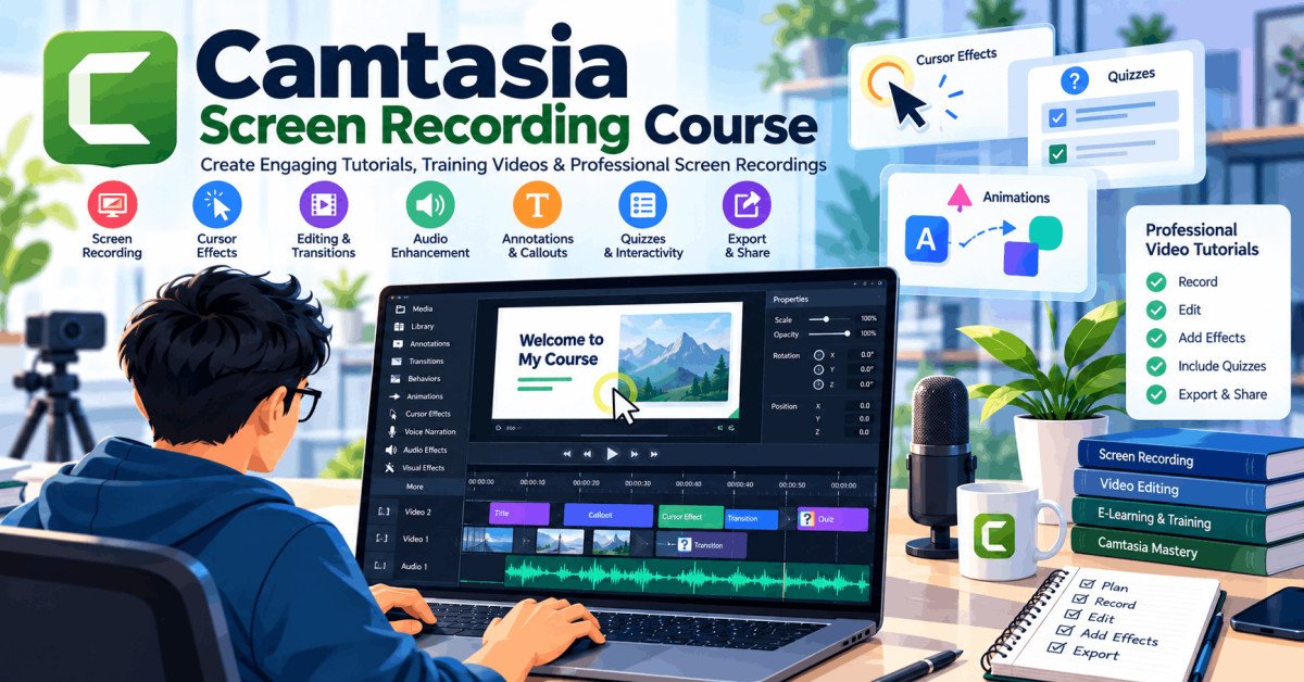 Student editing screen recording in Camtasia timeline with tools, effects, and pro video workflow visible.