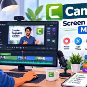 Student using Camtasia for screen recording and editing in the masterclass