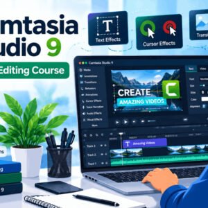 Student editing video using Camtasia Studio 9 interface, with timeline, effects, and canvas area visible.