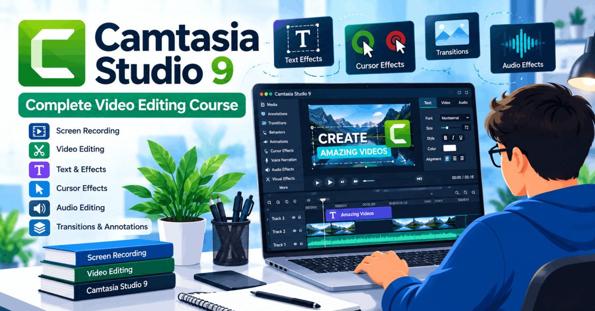 Student editing video using Camtasia Studio 9 interface, with timeline, effects, and canvas area visible.