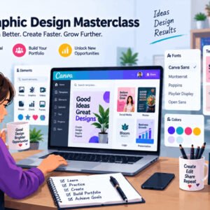 Canva graphic design course banner showing creative projects and design tools