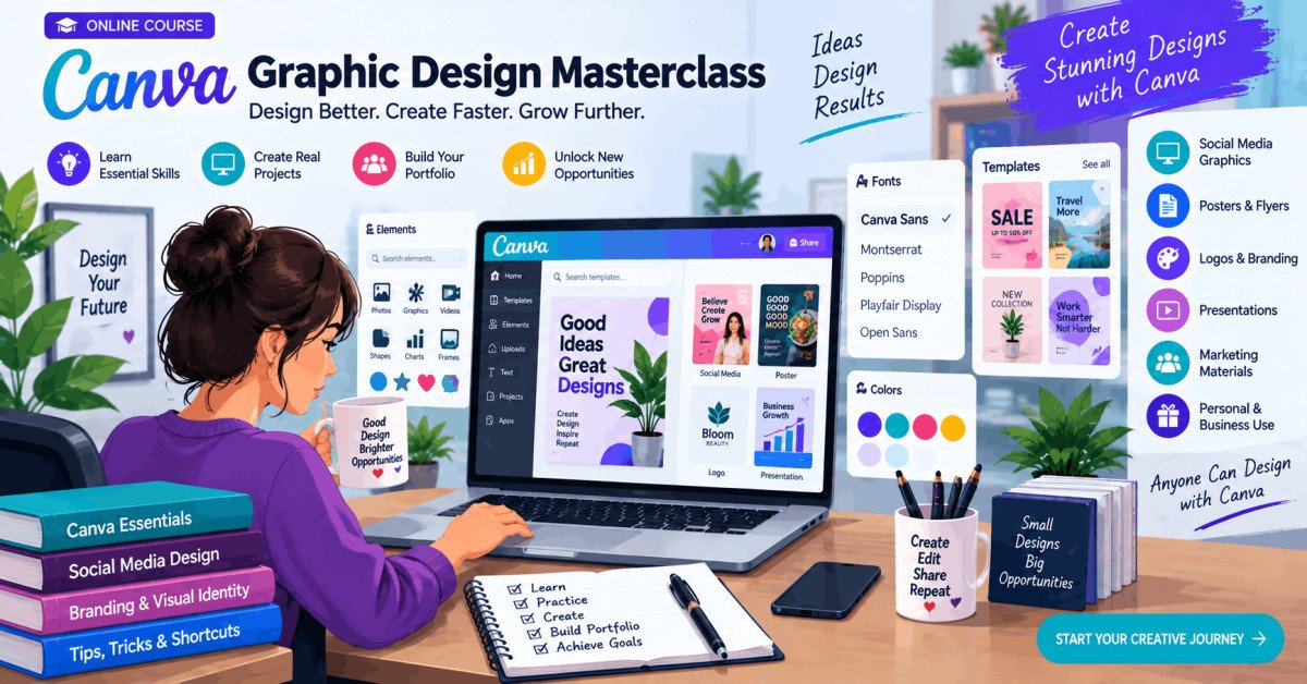 Canva graphic design course banner showing creative projects and design tools