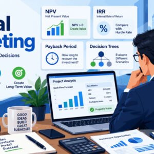 Capital budgeting training illustration with finance charts and decision-making strategies.
