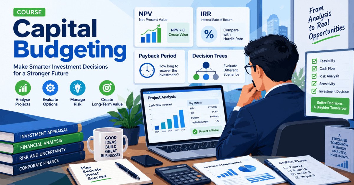 Capital budgeting training illustration with finance charts and decision-making strategies.