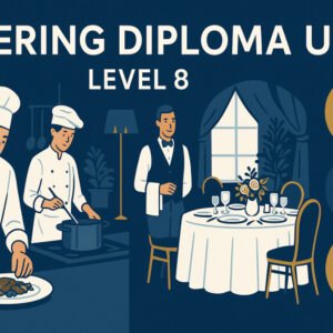 Catering diploma UK Level 8 illustration showing chefs, event setup, and food service