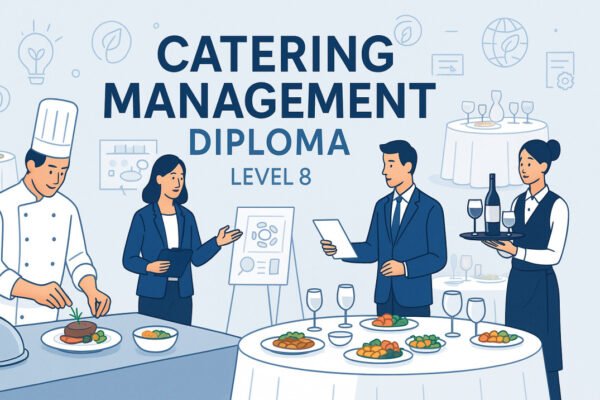 Professional catering setup with chefs and event planners, representing catering management diploma level 8.